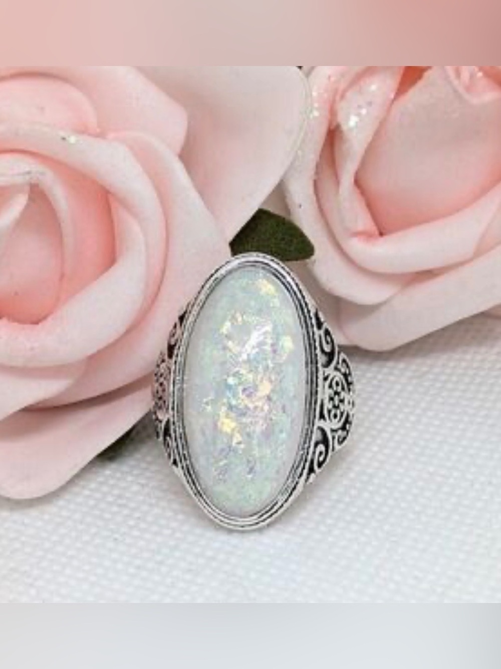 Silver Filigree White Opal-Style Oval Ring